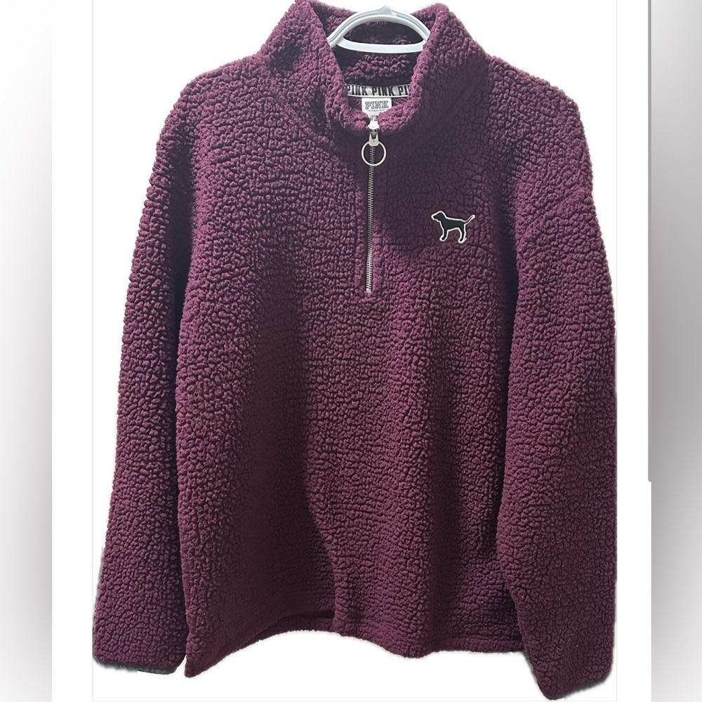PINK Quarter Zip Sherpa Sweater Size Large in Maroon - Picture 2 of 6